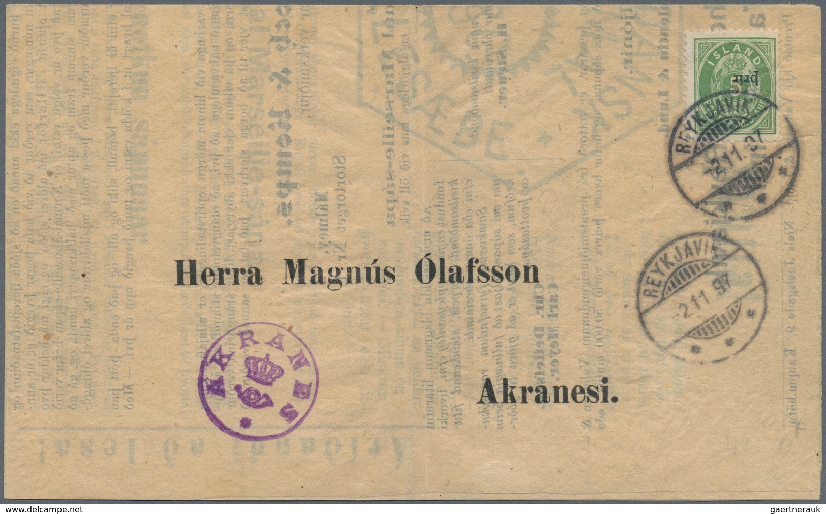 01516 Island: 1897, "3" In Rot Und KOPFSTEHEND "prir" Kleinerer Lokalaufdruck In Schwarz Auf 5 A Grün, Gez - Other & Unclassified