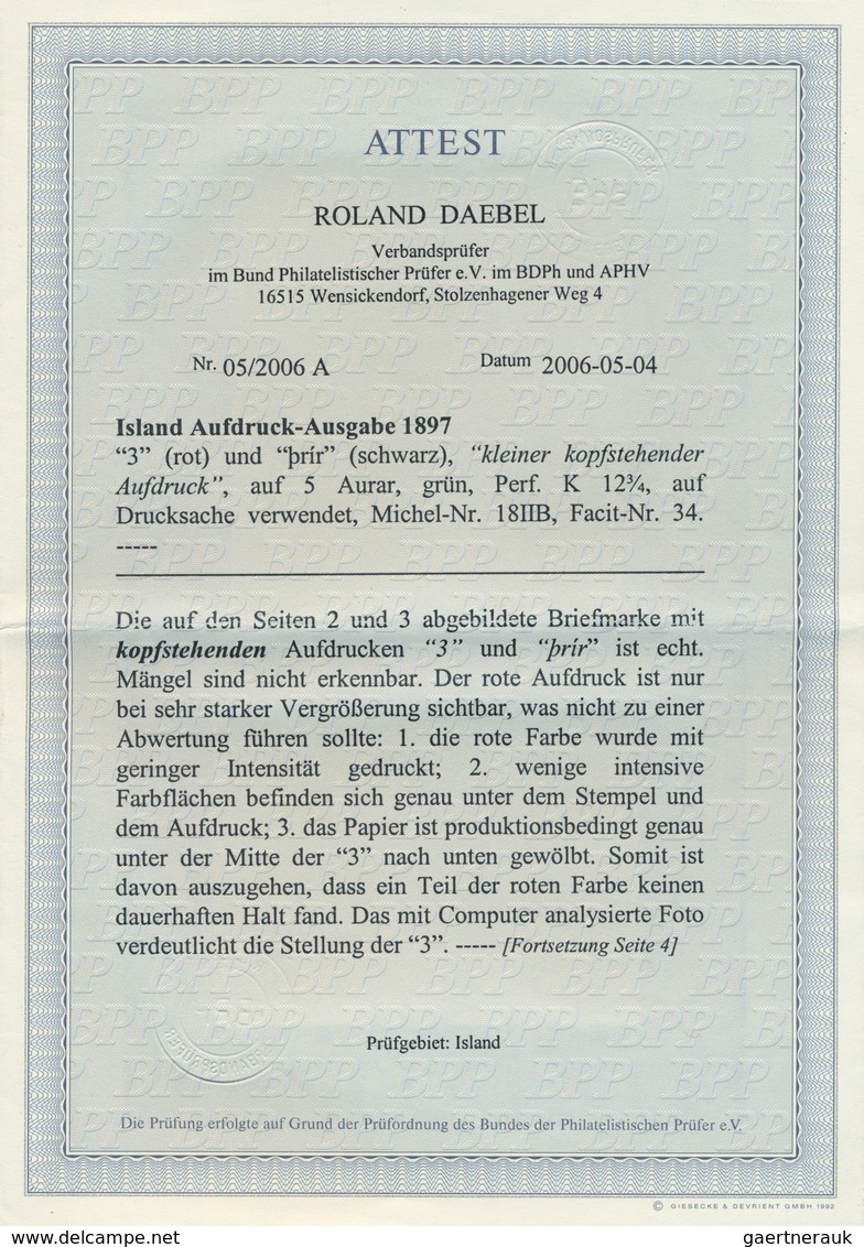 01516 Island: 1897, "3" In Rot Und KOPFSTEHEND "prir" Kleinerer Lokalaufdruck In Schwarz Auf 5 A Grün, Gez - Other & Unclassified