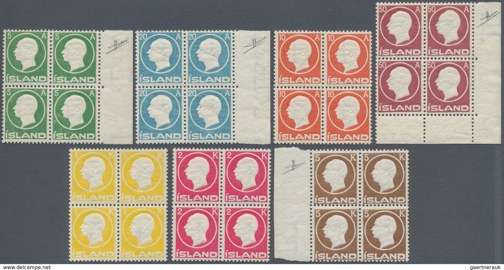 01517 Island: 1912, Complete Set 5 Aurar To 5 Króna Definitives King Frederik VIII In Blocks Of Four, Fres - Autres & Non Classés
