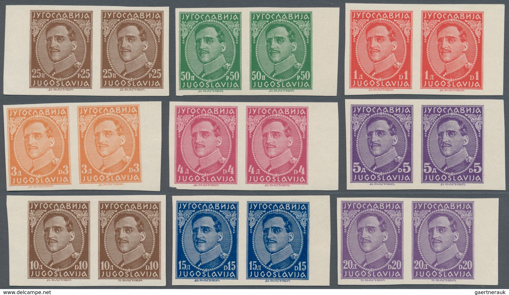 01518 Jugoslawien: 1931, Definitives King Alexander, 25pa. To 20din., Nine Values In IMPERFORATE Horiz. Pa - Briefe U. Dokumente