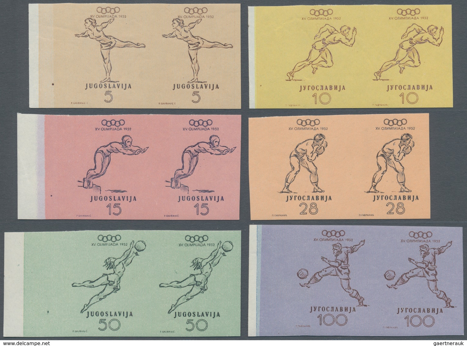 01520 Jugoslawien: 1952, Olympic Games Helsinki, 5d. To 100d., Complete Set In IMPERFORATE Horiz. Pairs, U - Briefe U. Dokumente