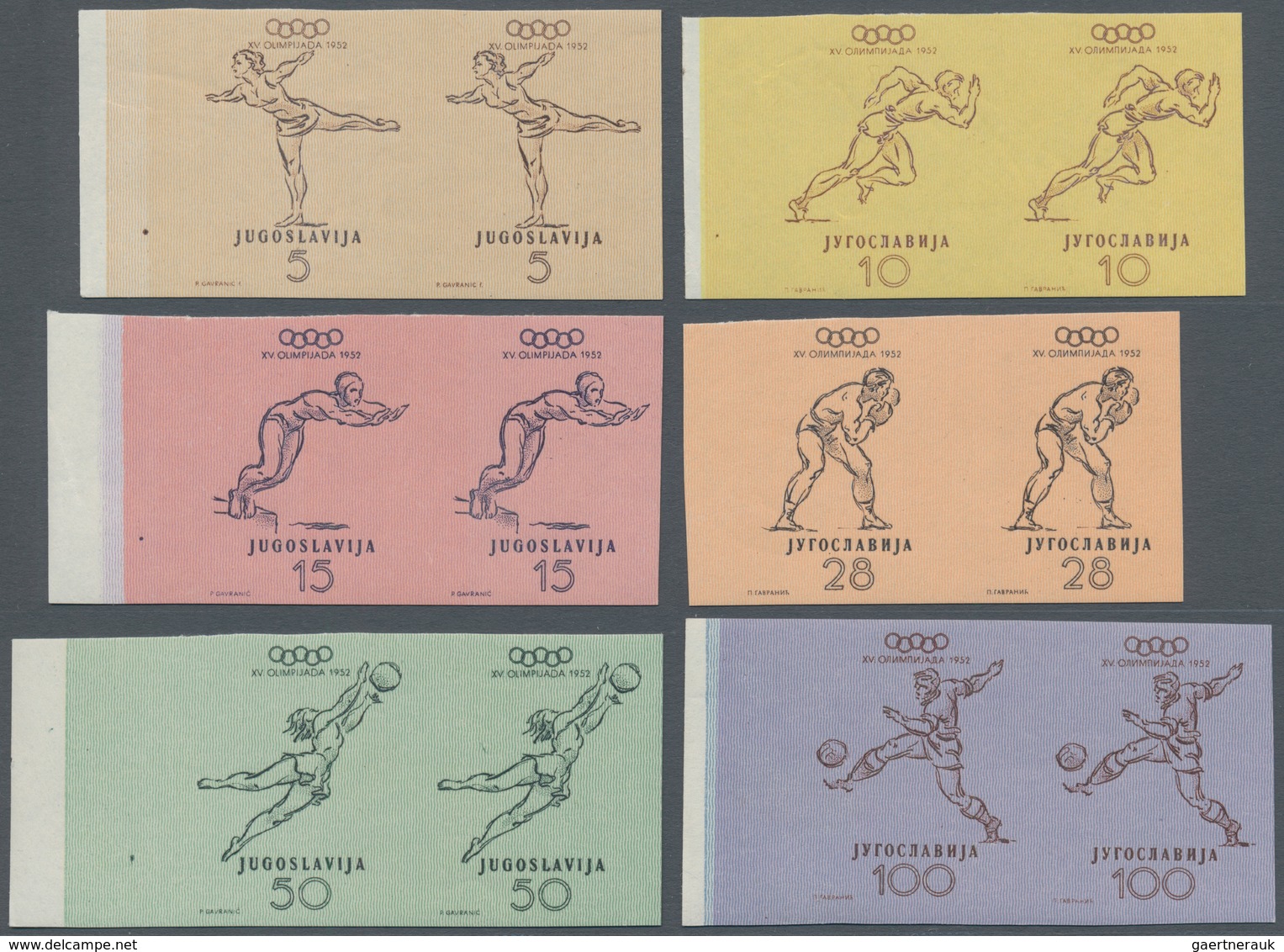 01520 Jugoslawien: 1952, Olympic Games Helsinki, 5d. To 100d., Complete Set In IMPERFORATE Horiz. Pairs, U - Lettres & Documents