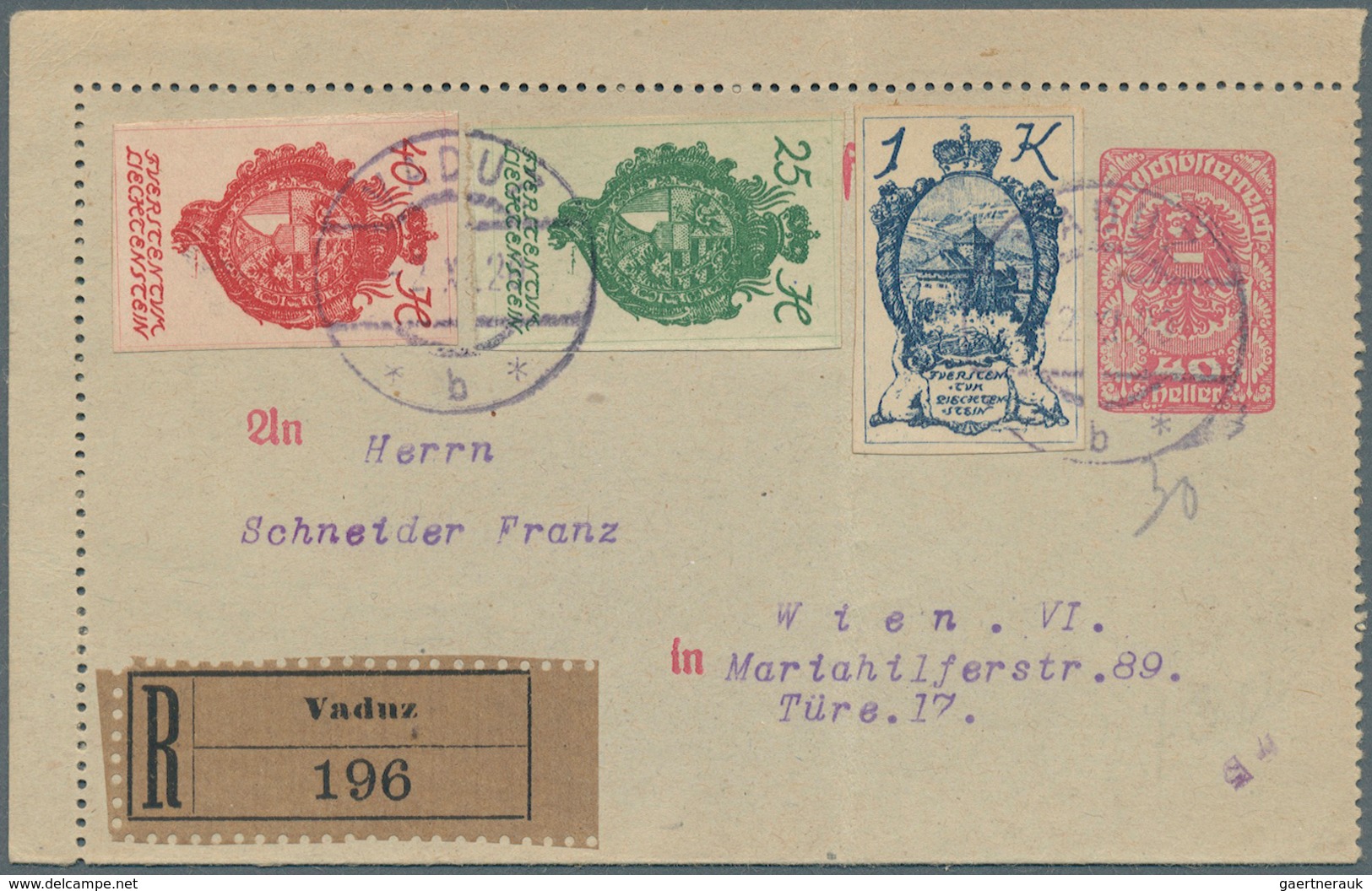 01535 Liechtenstein: 1920 Mitläufer Österreich 25 H.,40 H. + 1 K. Als ZuF Auf 40 H. Ganzsachenkartenbrief - Brieven En Documenten