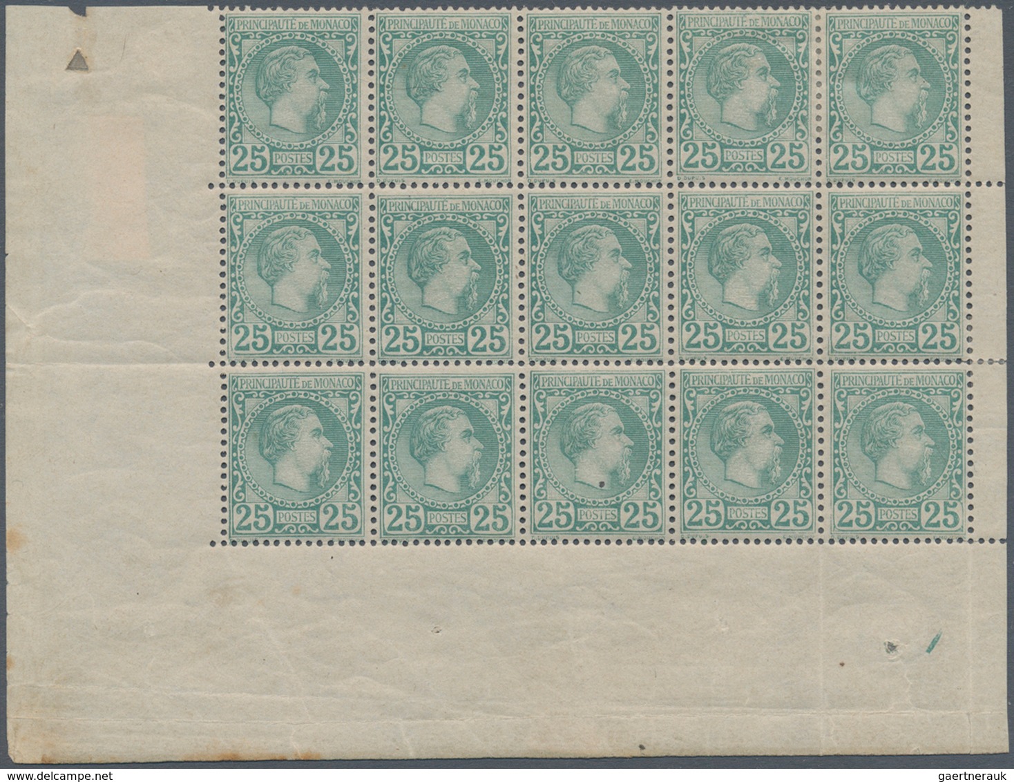 01540 Monaco: 1885, 25 C Green Charles III., Block Of 15 Stamps From Lower Left Sheet Corner, O.g. (13 Sta - Unused Stamps