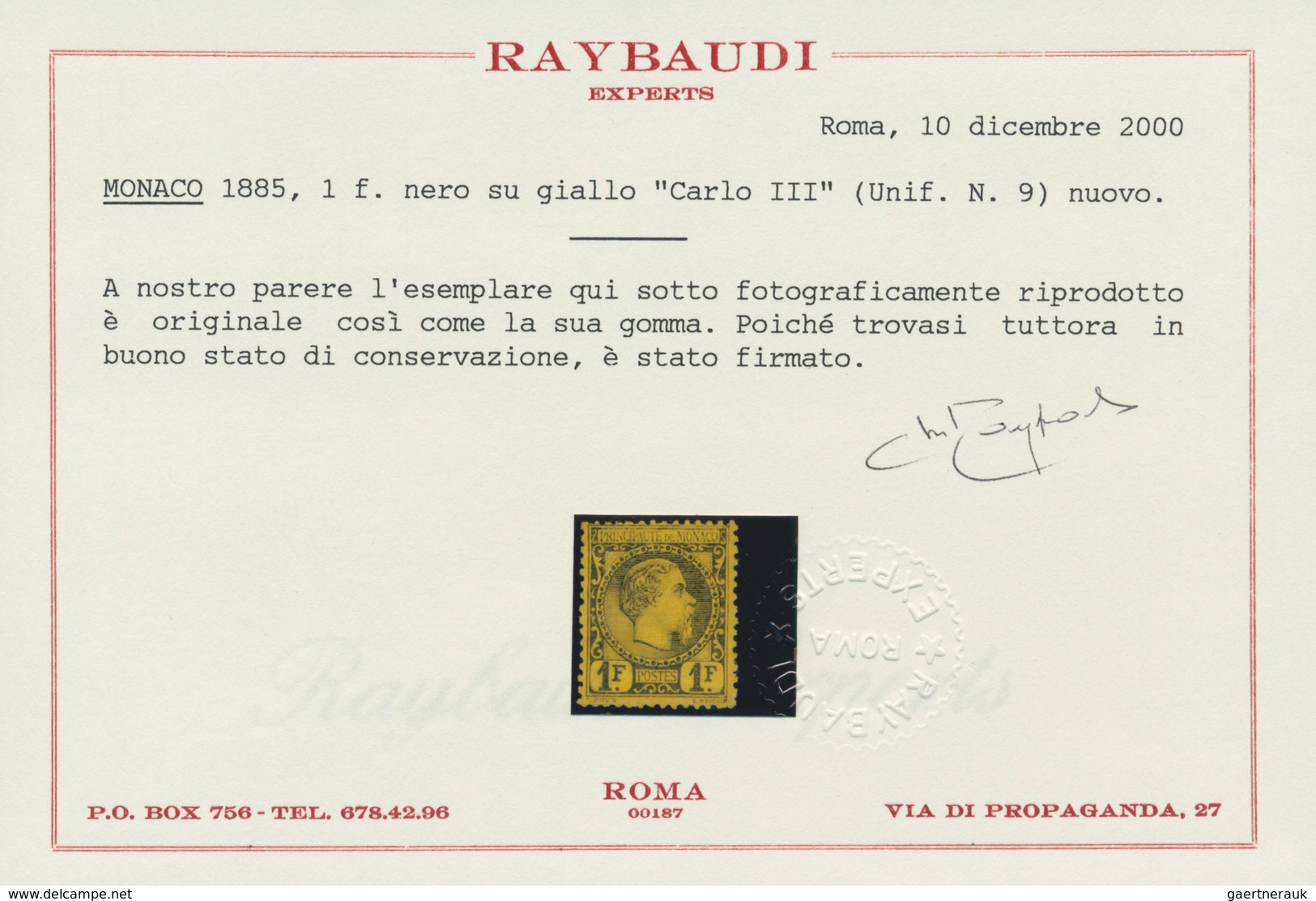 01541 Monaco: 1885, 1 F Black On Yellow Charles III, VF Mint Hinged Condition. Certificate Raybaudi. CV ?2 - Neufs