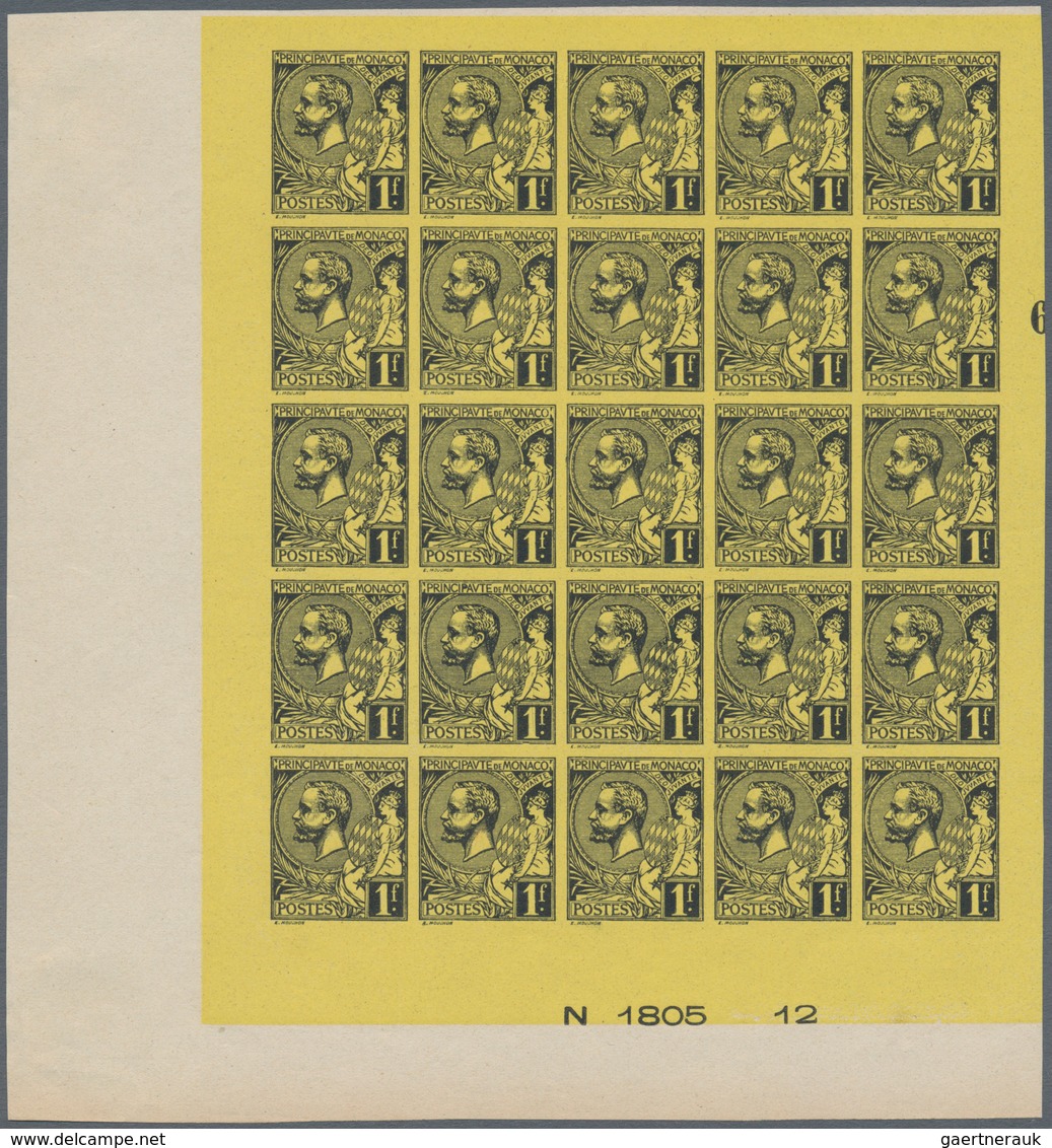 01542 Monaco: 1891, 1 F Black On Yellow, Albert I, Imperforated Block Of 25 Stamps From Lower Left Sheet C - Neufs