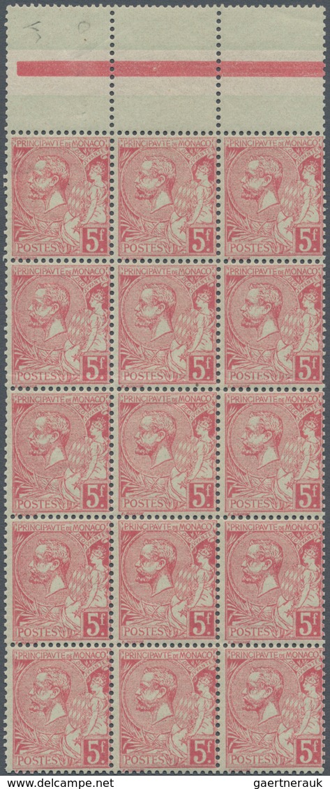 01543 Monaco: 1891, 5fr. Rose On Greenish, Block Of 15 With Adjoining Gutters At Top, Fresh Colour, Slight - Ongebruikt