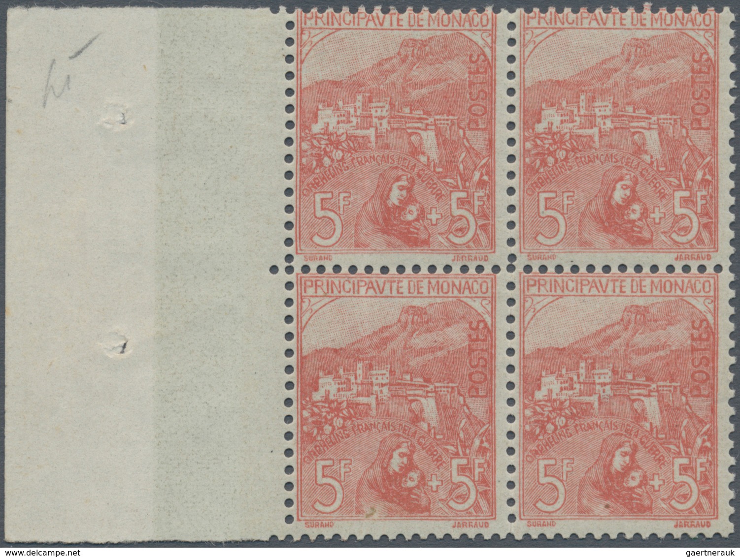 01544 Monaco: 1919, War Orphans, 5fr.+5fr. Red, Left Marginal Block Of Four, Unmounted Mint (left Stamps V - Ongebruikt