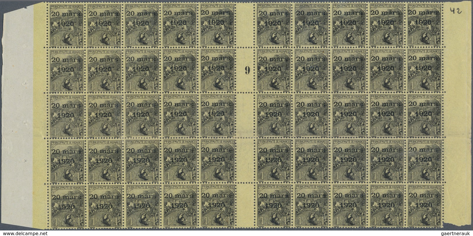01546 Monaco: 1920, Royal Wedding, 1fr.+1fr. Black On Yellow, Gutter Block Of 50 Stamps With Millesime "9" - Ungebraucht