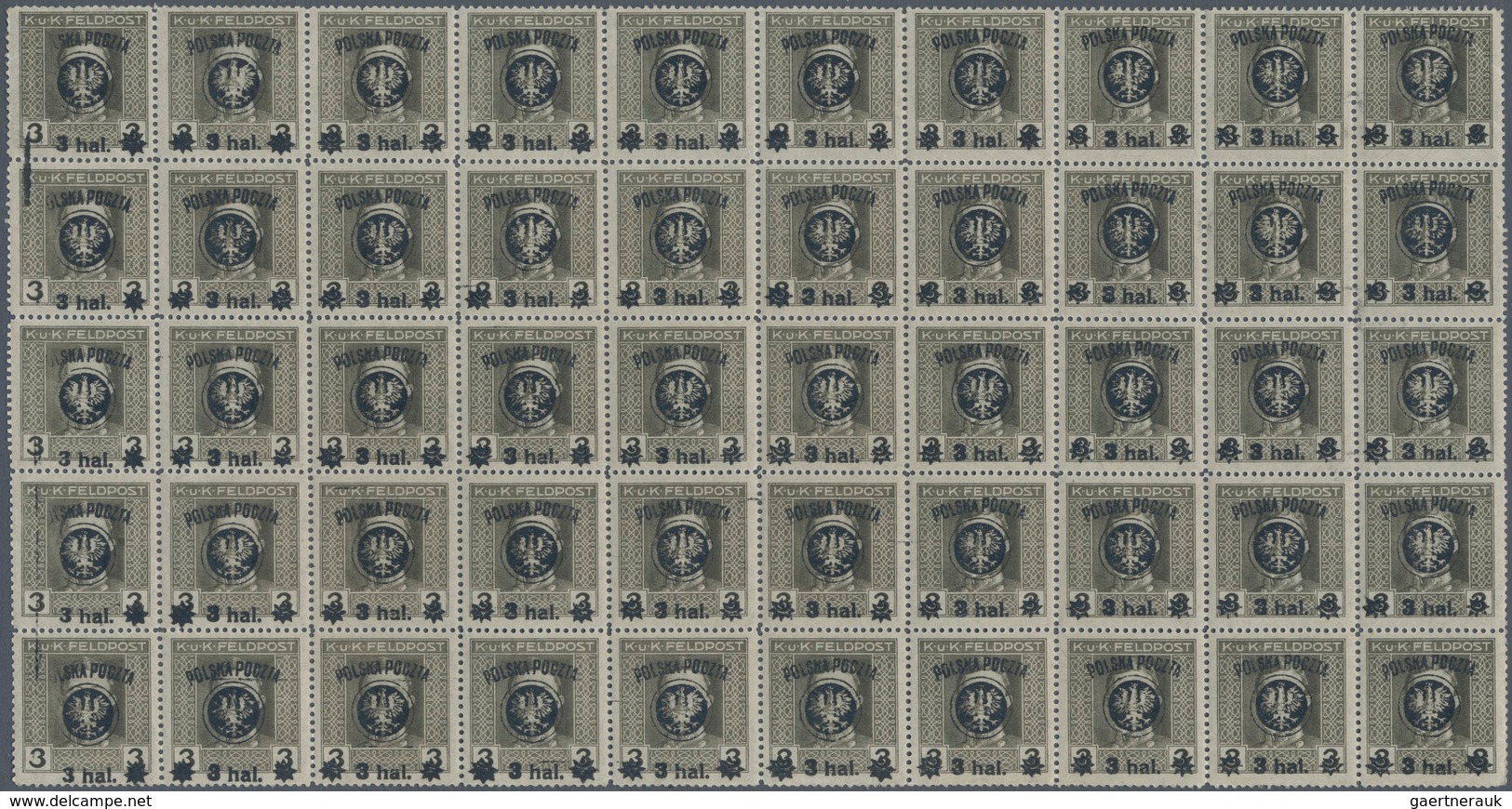 01553 Polen: 1918/1919: Second Lublin Issue 3 Hal. On 3 Hel. Dark Olive, Complete Printing Sheet Of 50 Sta - Lettres & Documents