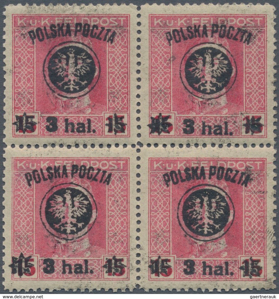 01554 Polen: 1918/1919: Second Lublin Issue, 3 Hal. On 15 H. Rose, Block Of Four With Additional Inverted - Lettres & Documents