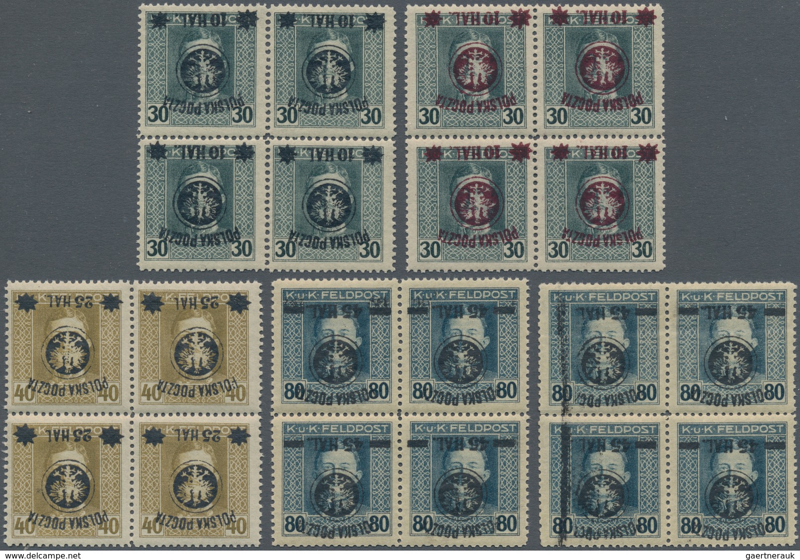 01555 Polen: 1918/1919: Second Lublin Issue. Five Different Blocks Of Four With INVERTED OVERPRINT. All Si - Brieven En Documenten