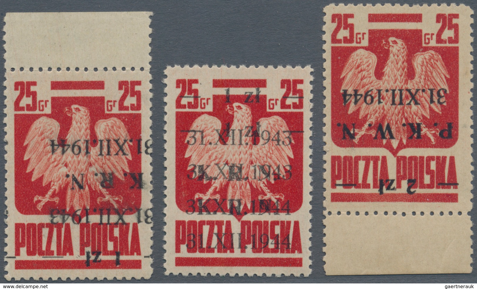 01562 Polen: 1944: Three Goznak Issue Stamps With Overprint Errors: INVERTED K.R.N Overprint, DOUBLE K.R.N - Brieven En Documenten