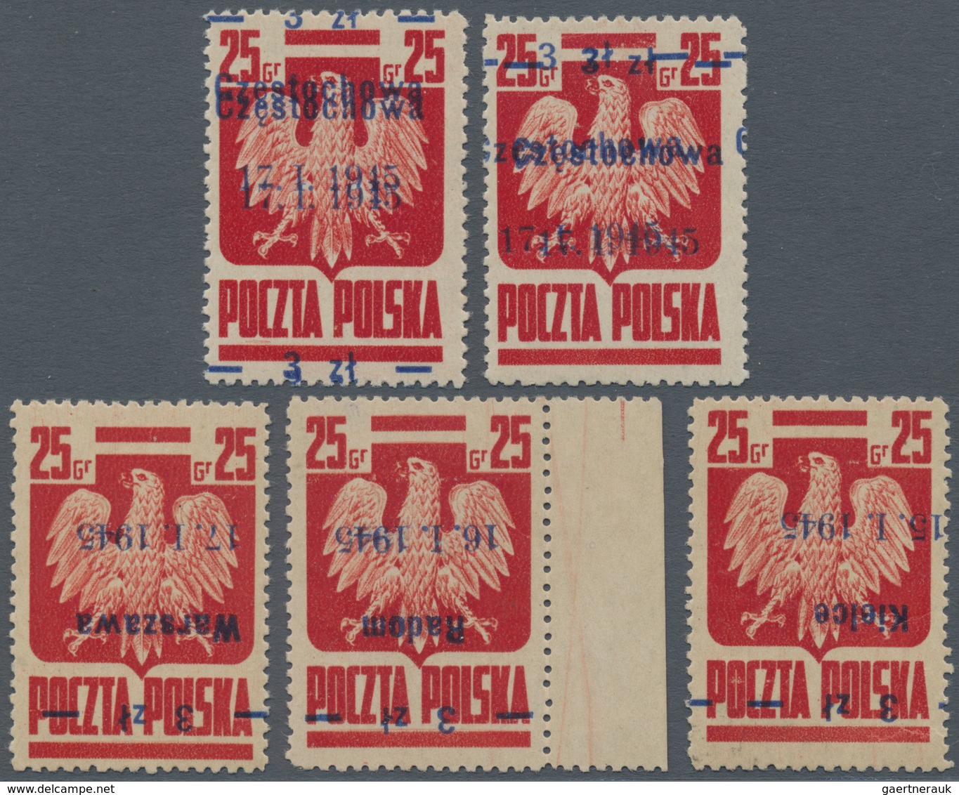 01563 Polen: 1945: Goznak Issue With Liberation Of Town Overprints. Nice Selection Of Five Stamps With Err - Brieven En Documenten