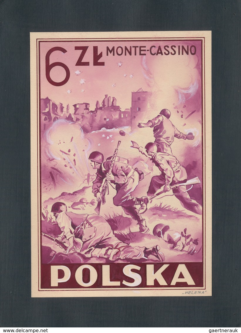 01566 Polen: 1946/1948: Project Of An Unissued Stamp 6 Zl "Monte Cassino".Hand Painted In Gouache Technic - Lettres & Documents