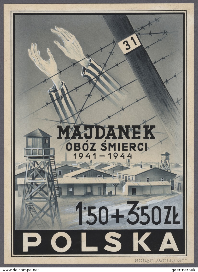 01567 Polen: 1946: Project Of An Unissued Stamp 1.5 + 3.5 Zl "MAJDANEK DEATH CAMP". Hand Painted In Gouach - Lettres & Documents