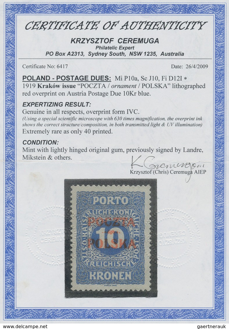 01570 Polen - Portomarken: "1919, Krakow Issue "Poczta / Ornament/Polska" Lithographed Red Overprint On Au - Strafport