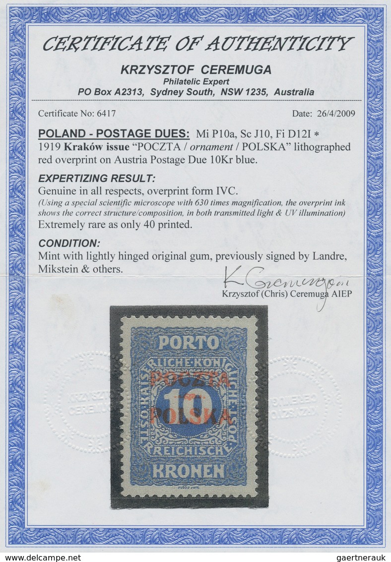 01570 Polen - Portomarken: "1919, Krakow Issue "Poczta / Ornament/Polska" Lithographed Red Overprint On Au - Taxe