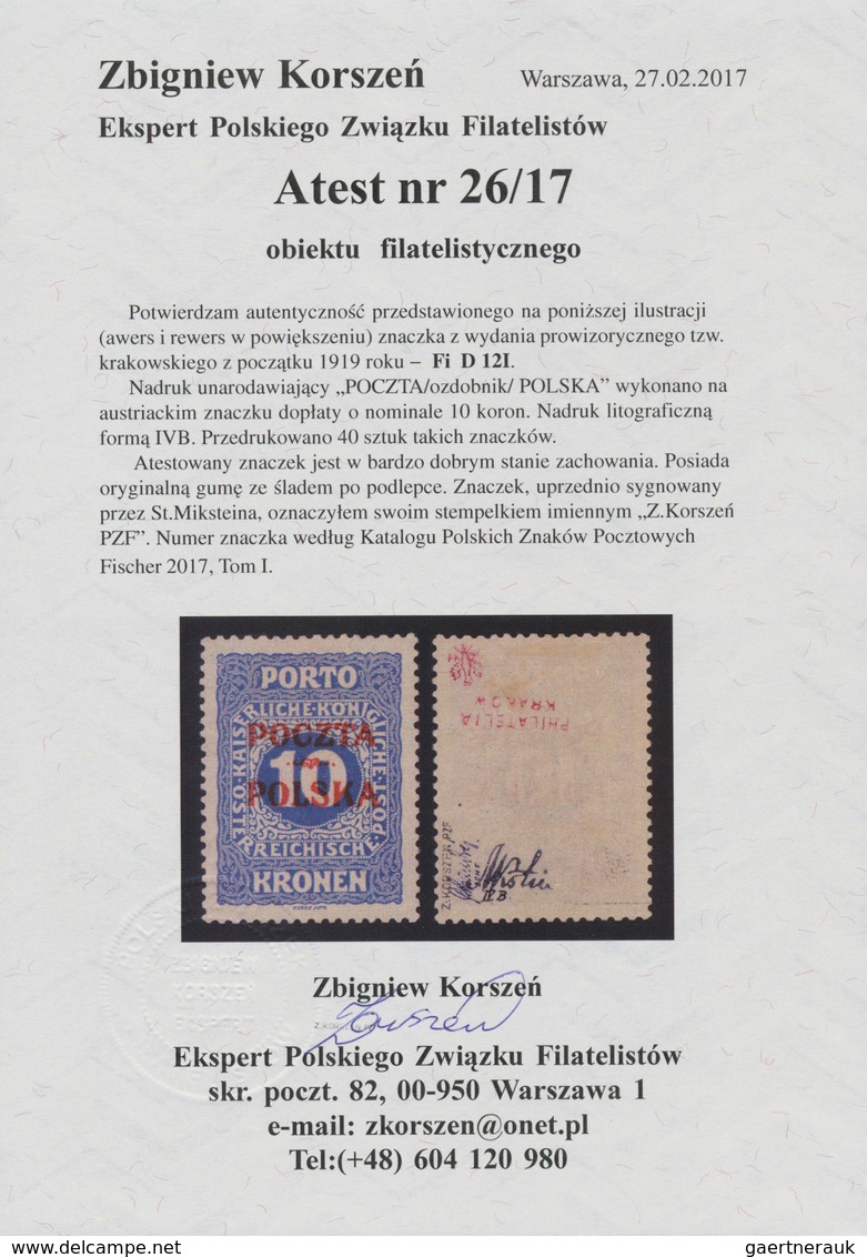 01570 Polen - Portomarken: "1919, Krakow Issue "Poczta / Ornament/Polska" Lithographed Red Overprint On Au - Portomarken