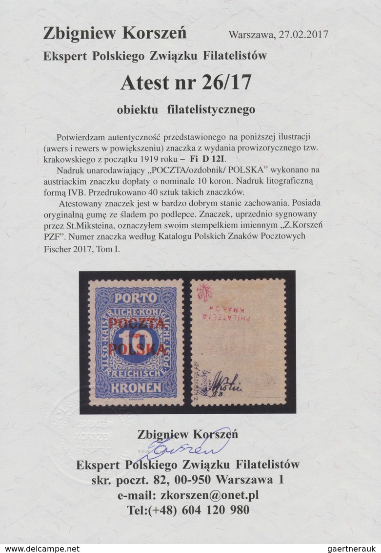 01570 Polen - Portomarken: "1919, Krakow Issue "Poczta / Ornament/Polska" Lithographed Red Overprint On Au - Taxe