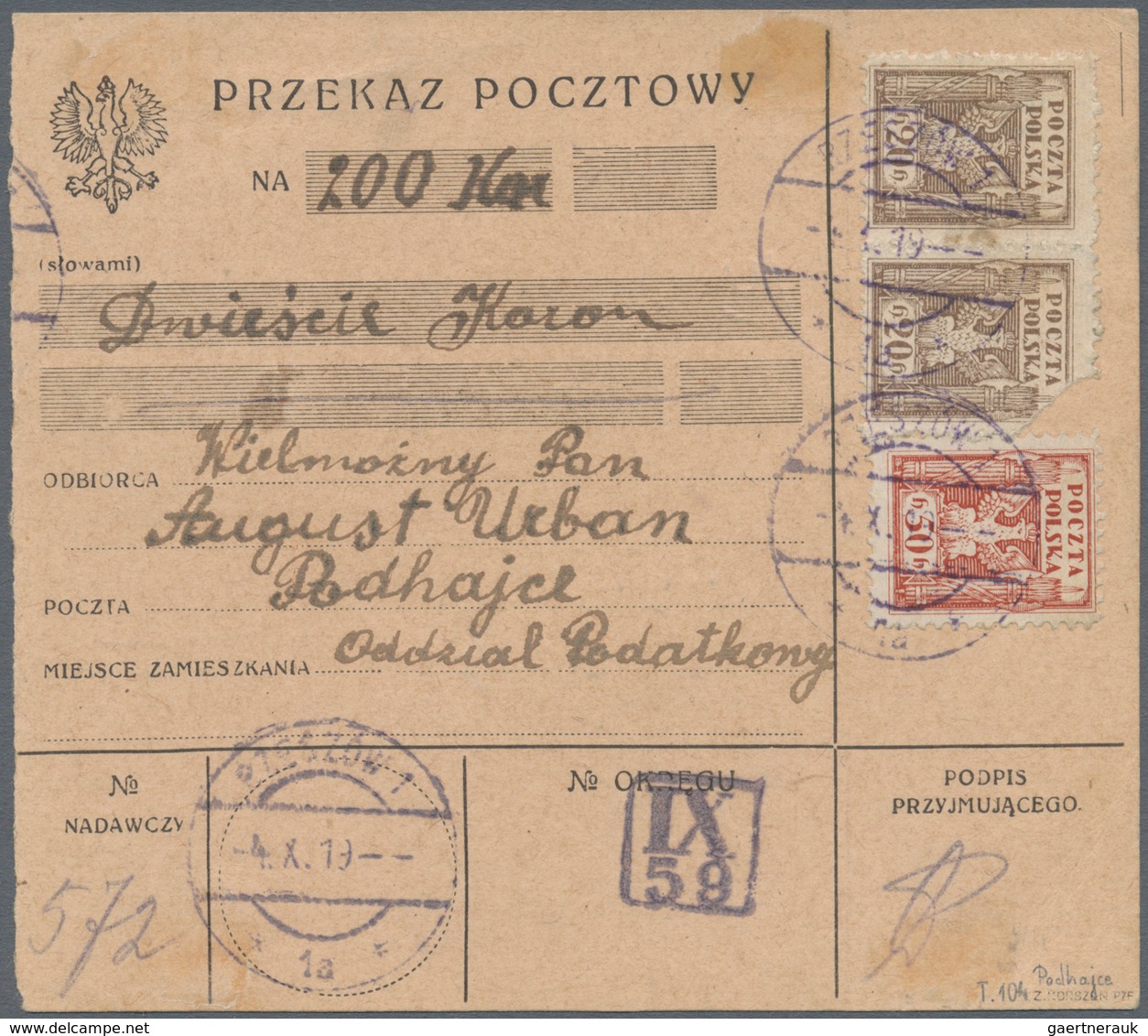 01572 Polen - Lokalausgaben 1915/19: 1919/1923 (ca): 132 Postal Orders Franked With Postage Due Stamps Fro - Autres & Non Classés