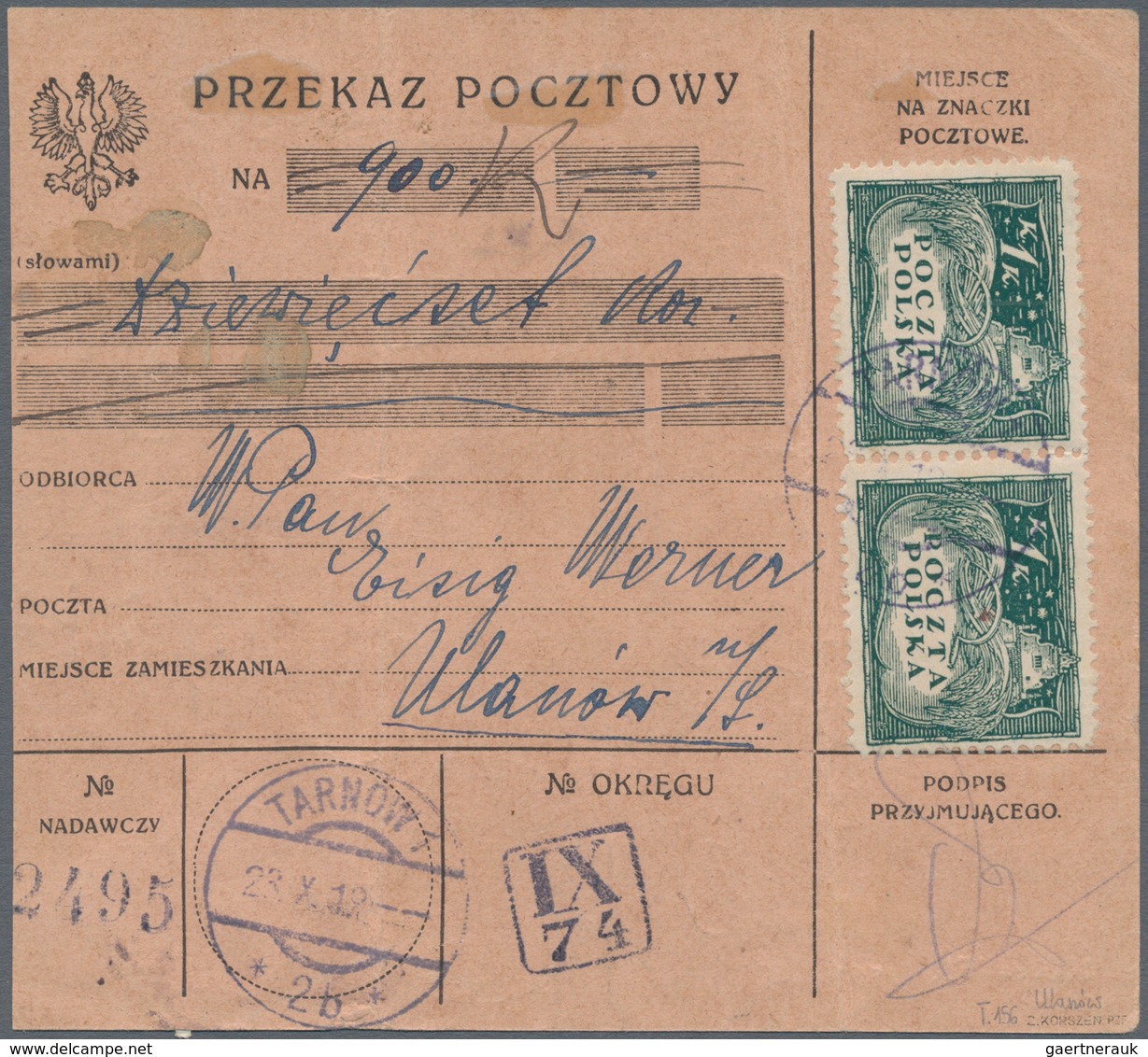 01572 Polen - Lokalausgaben 1915/19: 1919/1923 (ca): 132 postal orders franked with postage due stamps fro