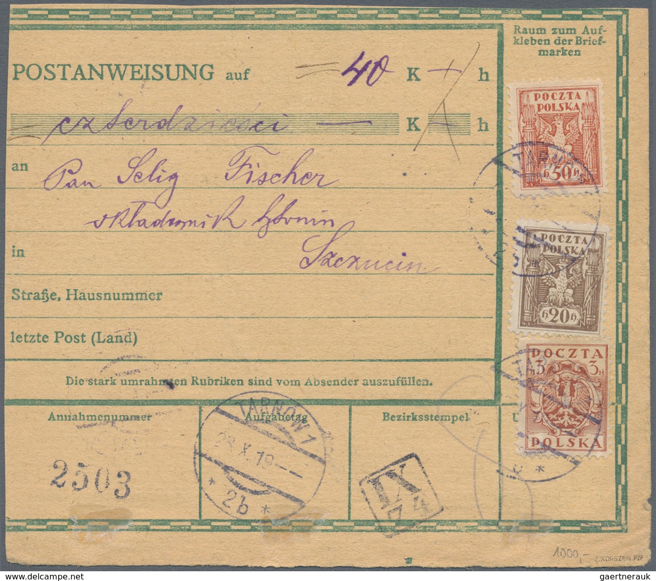 01572 Polen - Lokalausgaben 1915/19: 1919/1923 (ca): 132 postal orders franked with postage due stamps fro