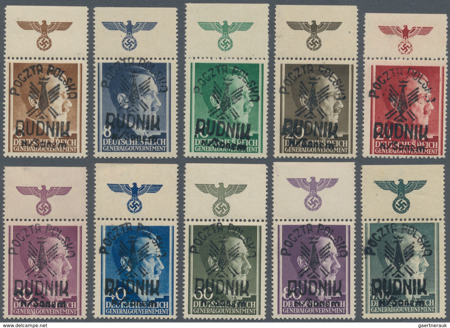 01575 Polen - Lokalausgaben 1944/45: 1944: RUDNIK Nad Sanem. Set Of 10 Stamps With Local Overprint "Poczta - Autres & Non Classés