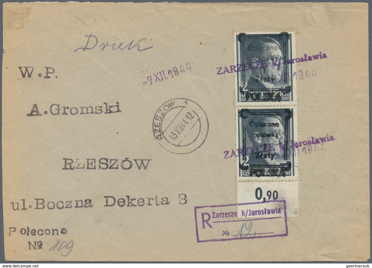 01576 Polen - Lokalausgaben 1944/45: 1944 ZARZECZE KO?O JAROS?AWIA: Registered Letter Bearing Vertical Pai - Andere & Zonder Classificatie