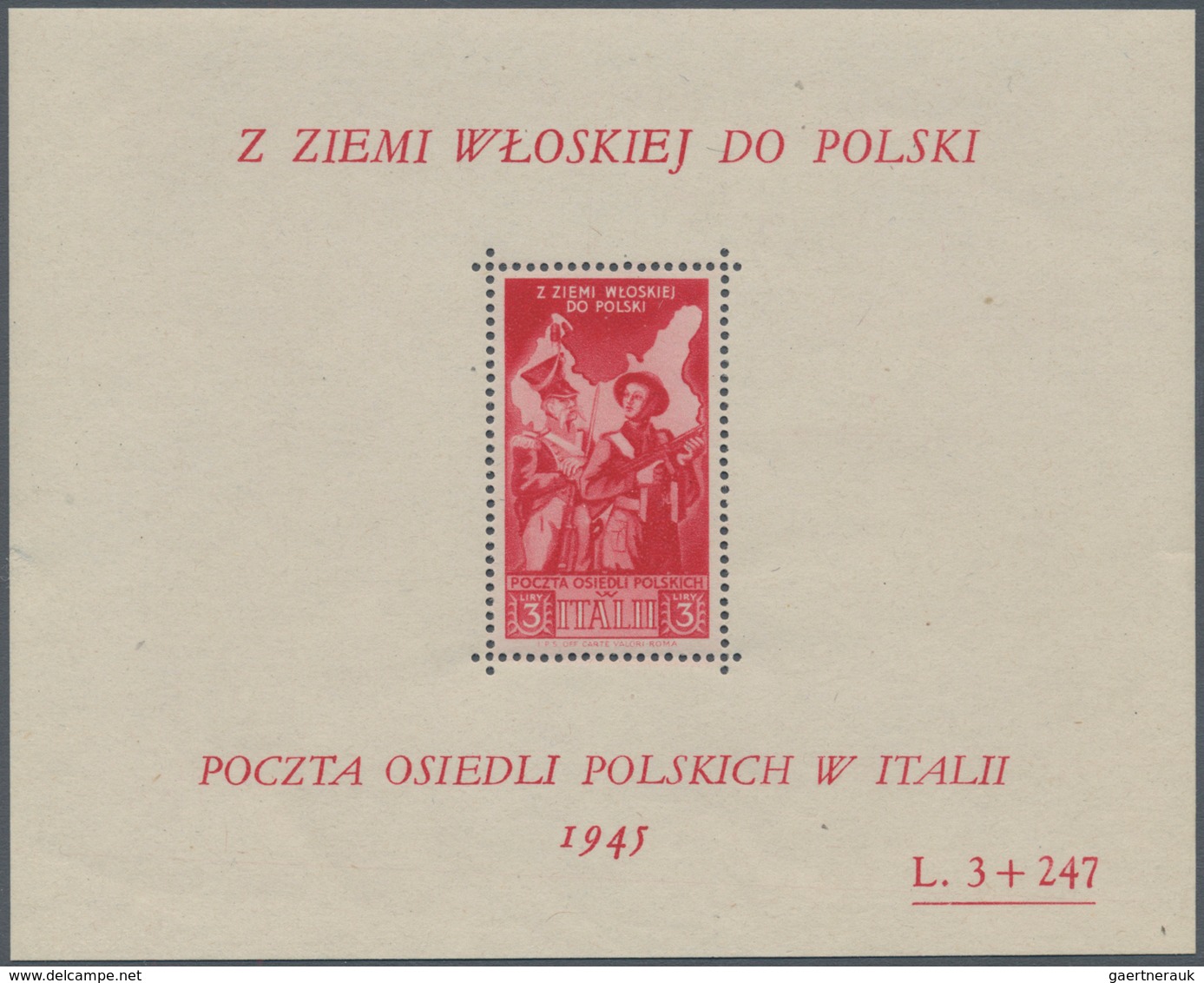 01579 Polen - Besonderheiten: 1946, Polish Corps In Italy, 3l.+247l. Red, Colour Error, Souvenir Sheet, Un - Andere & Zonder Classificatie