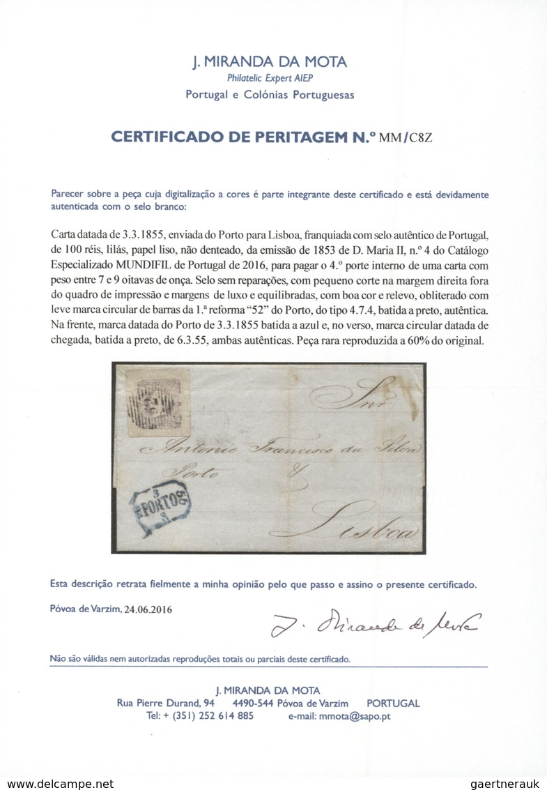 01585 Portugal: 1853- 100 Rs., Letter Send From Porto To Lisbon, With A 100 Rs Stamp, With Very Large Marg - Briefe U. Dokumente