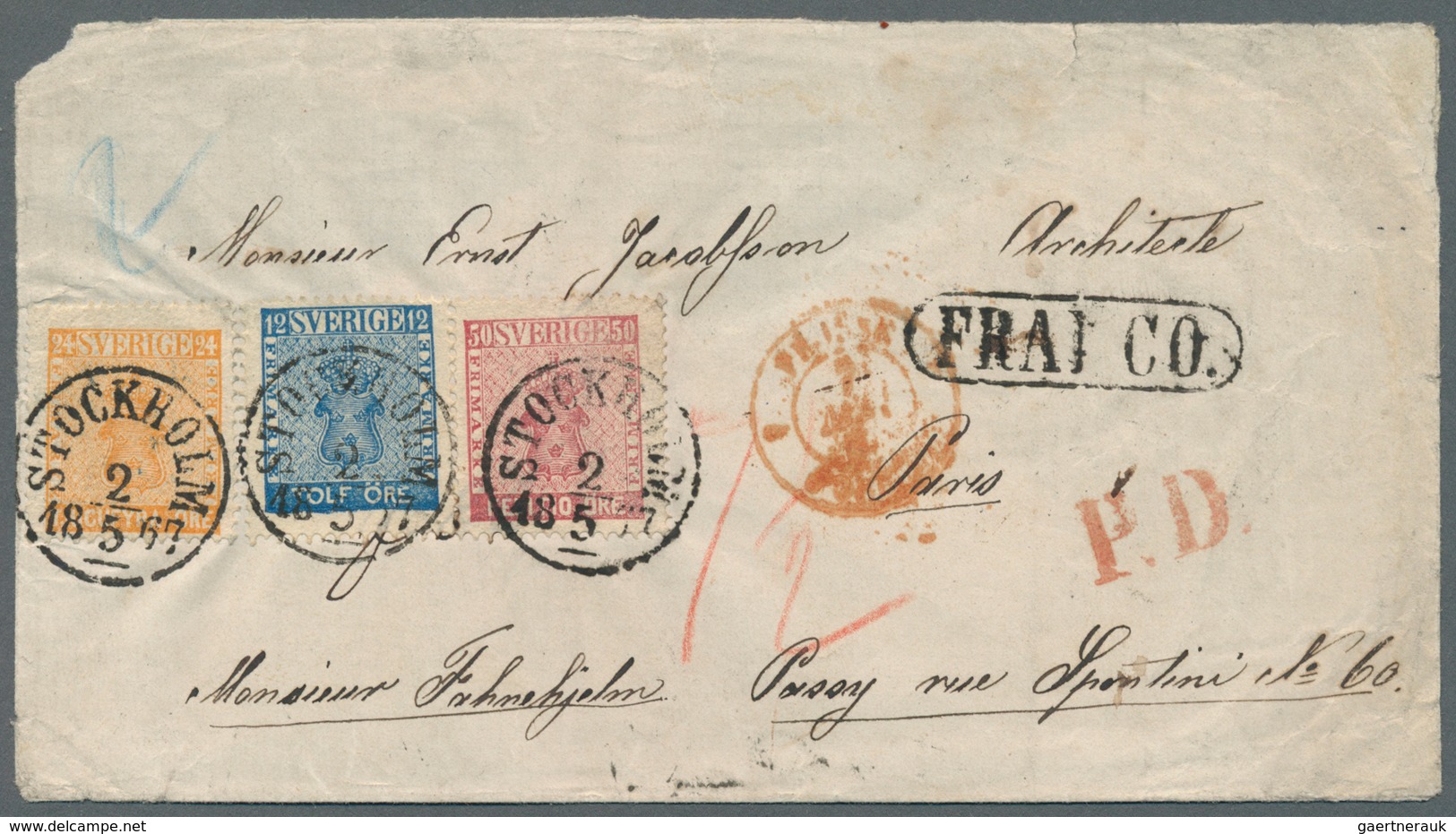 01608 Schweden: 1867 (2 May) Cover To Paris, Franked Wlth 12ore, 24ore, And 50 Ore Coat Of Arms Issue, Pre - Unused Stamps