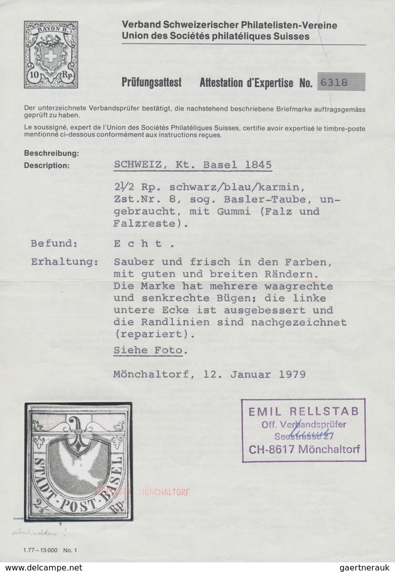 01612 Schweiz - Basel: 1850 'Basler Taube' 2½ Rp. Schwarz/blau/karmin, Ungebraucht MIT GUMMI (Falz Und Fal - 1843-1852 Federale & Kantonnale Postzegels
