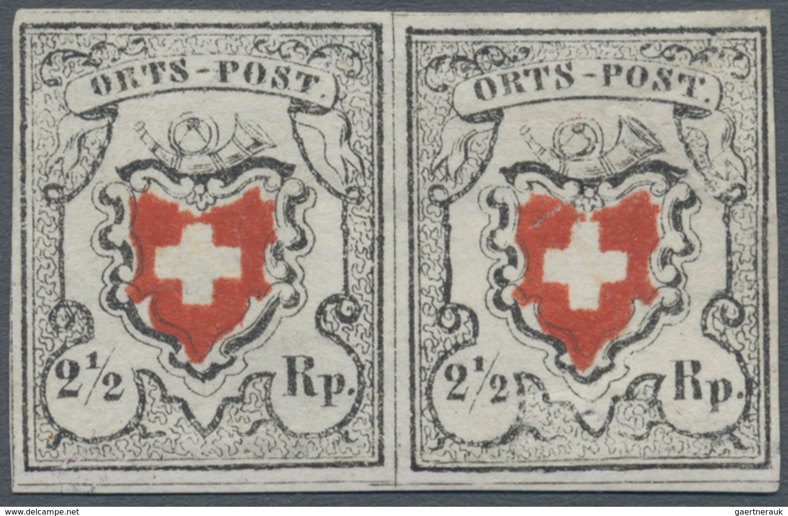 01619 Schweiz: 1850 'Orts-Post' 2½ Rp. Schwarz/rot Ohne Kreuzeinfassung, Waagerechtes Paar Der Typen 38+39 - Unused Stamps