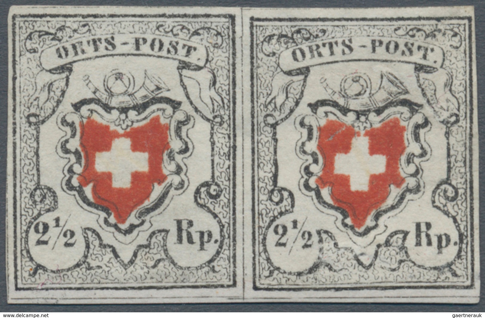 01619 Schweiz: 1850 'Orts-Post' 2½ Rp. Schwarz/rot Ohne Kreuzeinfassung, Waagerechtes Paar Der Typen 38+39 - Ongebruikt