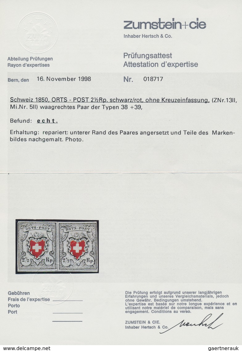 01619 Schweiz: 1850 'Orts-Post' 2½ Rp. Schwarz/rot Ohne Kreuzeinfassung, Waagerechtes Paar Der Typen 38+39 - Unused Stamps