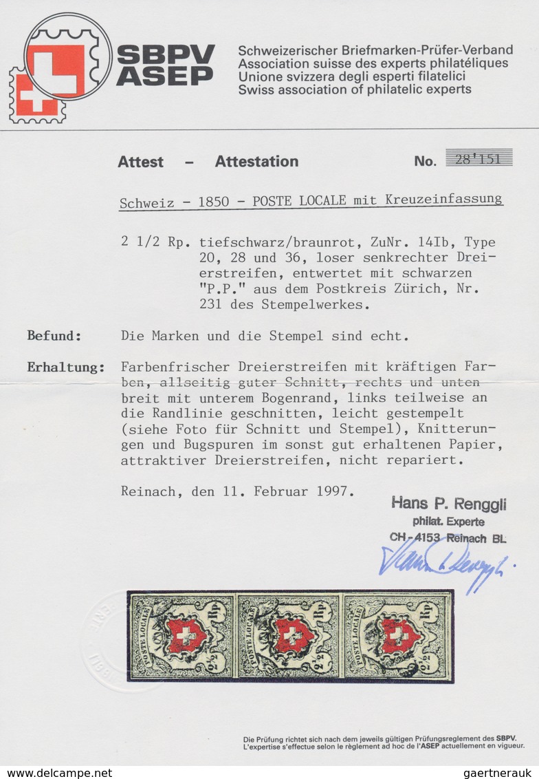 01620 Schweiz: 1850 'Poste Locale' 2½ Rp. Tiefschwarz/braunrot Mit Kreuzeinfassung, Senkrechter 3er-Streif - Ongebruikt