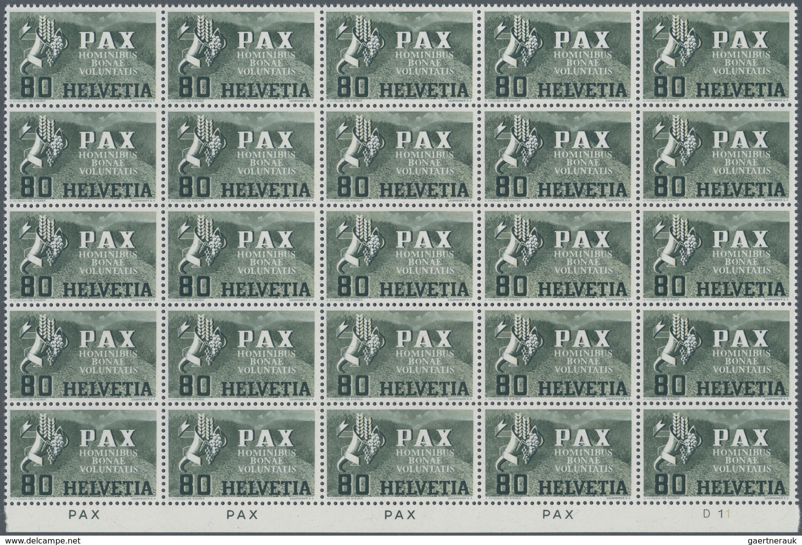 01627 Schweiz: 1945 PAX: Kompletter Satz In Bogenteilen Zu 25 Marken (5x5), Teils Mit Bogenrändern, Tadell - Neufs