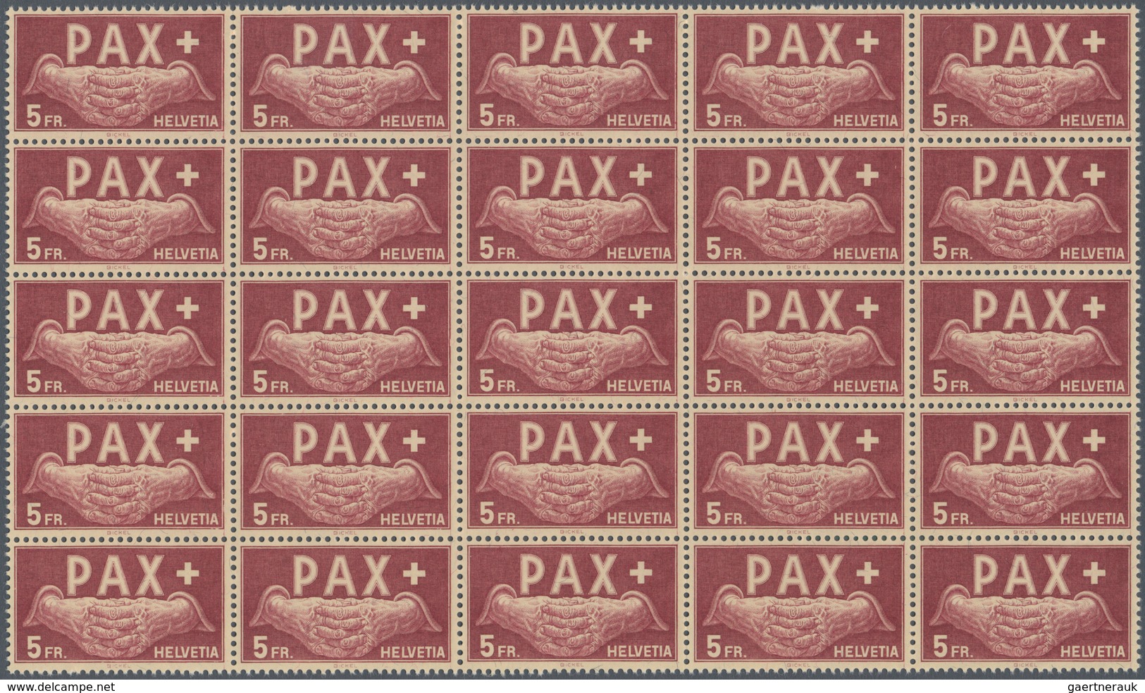 01627 Schweiz: 1945 PAX: Kompletter Satz in Bogenteilen zu 25 Marken (5x5), teils mit Bogenrändern, tadell