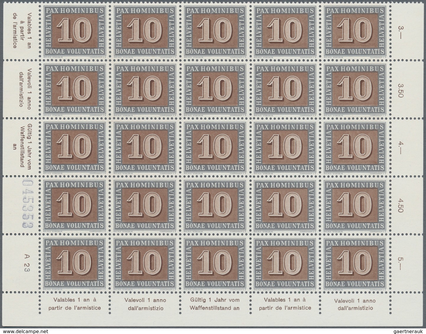 01627 Schweiz: 1945 PAX: Kompletter Satz in Bogenteilen zu 25 Marken (5x5), teils mit Bogenrändern, tadell