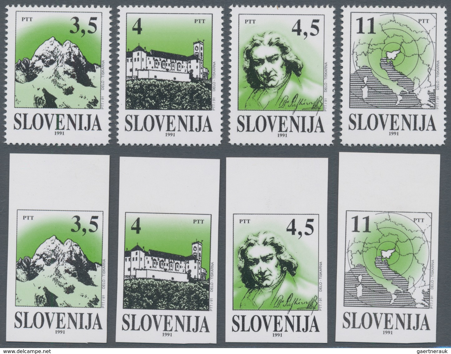 01631 Slowenien: 1991, Not Authorised/issued, Set Of Four Values 3.5, 4, 4.5 And 11, Perforated And Imperf - Slovenië