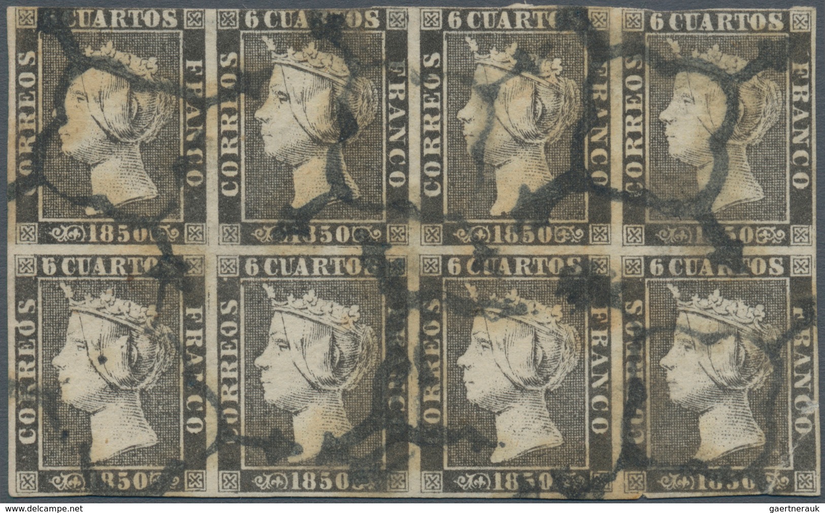 01636 Spanien: 1850, 6cs. Black, BLOCK OF EIGHT, Fresh Colour, Neatly Oblit. By Black "matasello Arana", F - Used Stamps