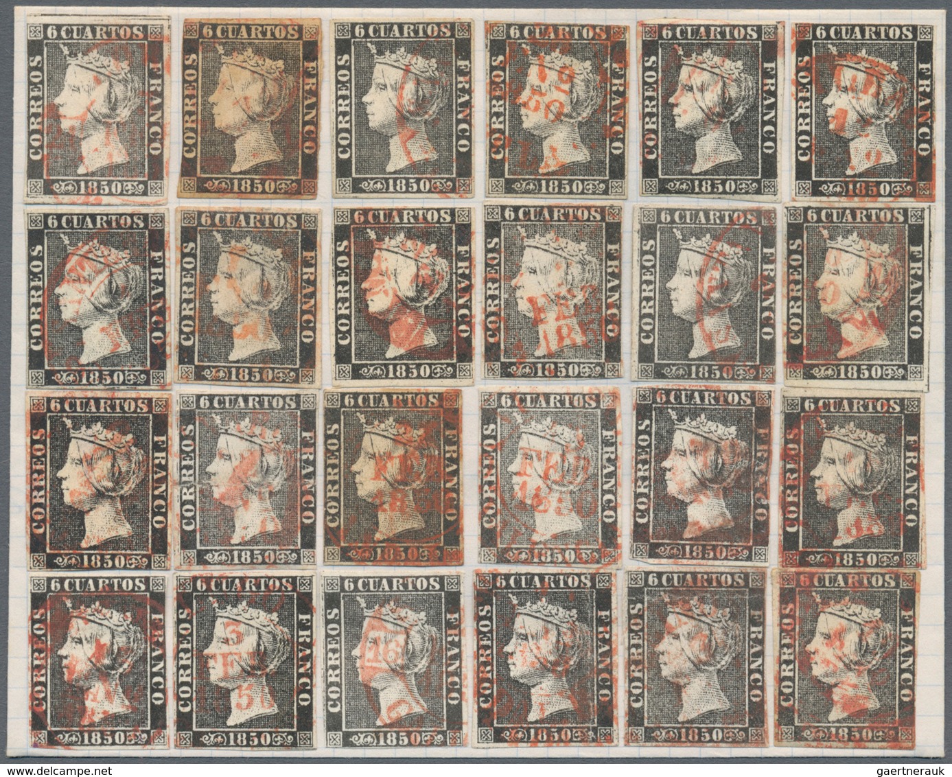 01637 Spanien: 1850, 6cs. Black, Reconstructed Pane Of Plate I, 24 Used Copies Oblit. By Red C.d.s., Fresh - Used Stamps