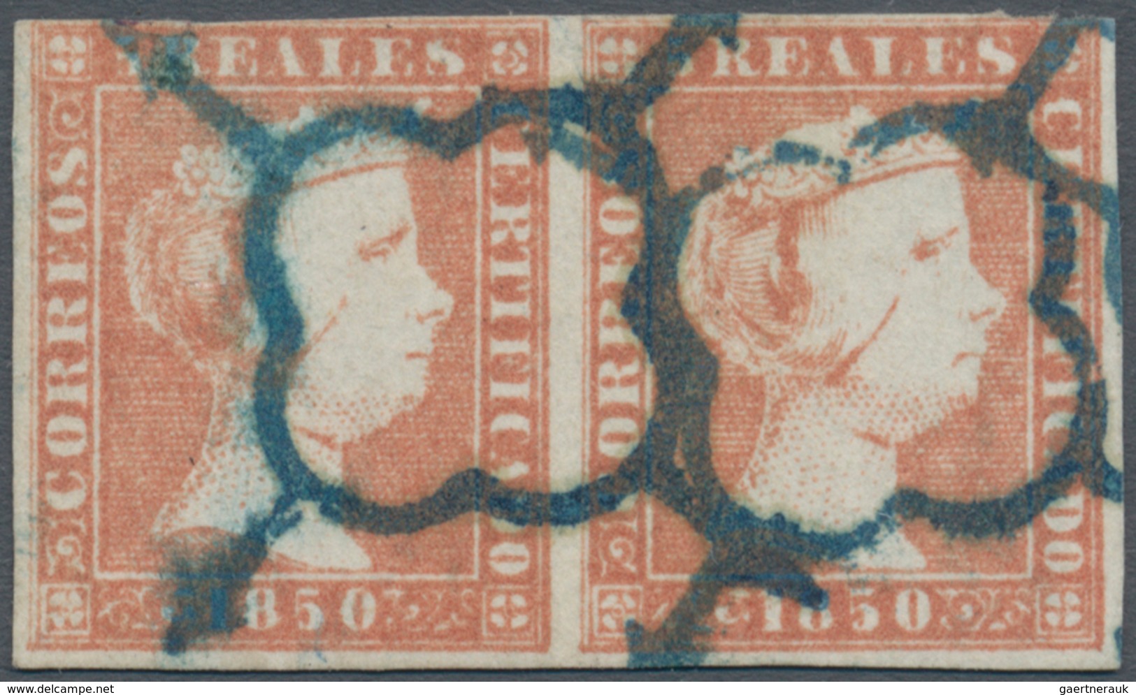 01639 Spanien: 1850, 5r. Red, Horiz. Pair Of Fresh Colour, Slightly Touched At Top Otherwise Full Margins, - Used Stamps