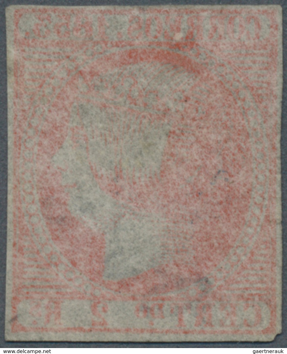 01644 Spanien: 1853, 2r. Vermilion, Bright Colour, Close To Full Margins, Unused No Gum, Repaired. Overall - Gebruikt