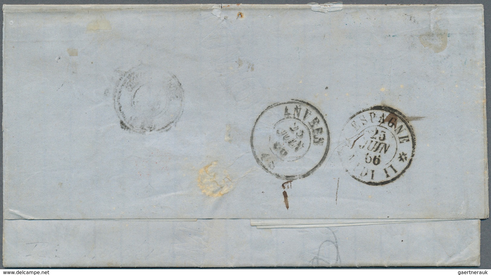 01646 Spanien: 1866, 19 Cuartos Brown Tied "43" To Entire Folded Letter From "SATANDER 21 JUN 66" To Antwe - Gebraucht