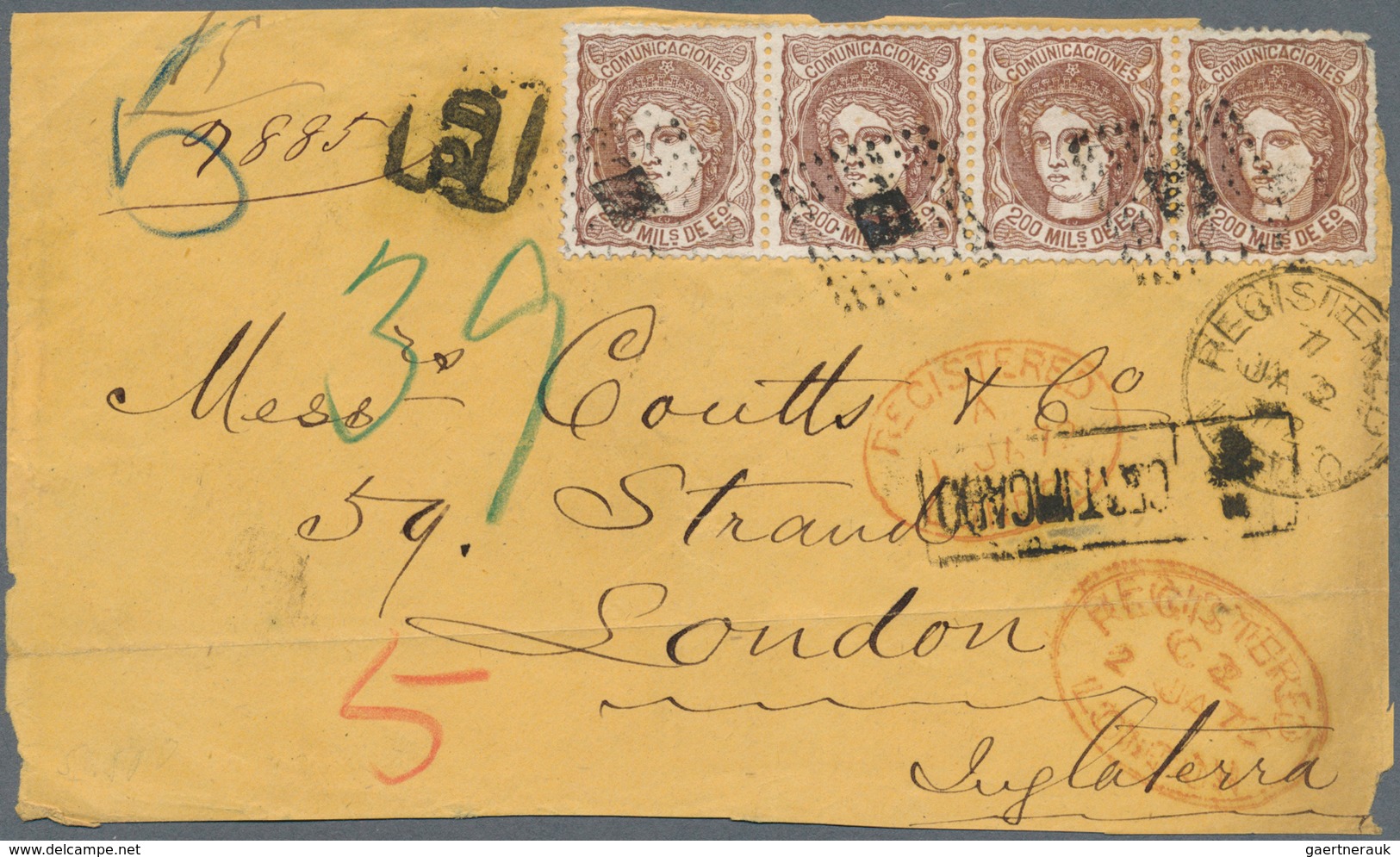 01650 Spanien: 1872, 20 Mils. Brown, A Horizontal Strip Of Four, Tied Pointed Diamond To Registered Front - Used Stamps