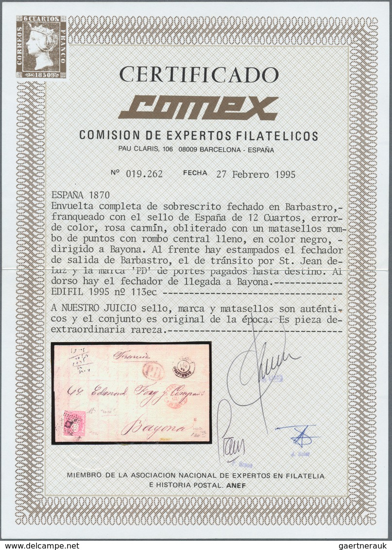 01651 Spanien: 1870, 12 Cuartos Rose Carmine, Error Of Colour, Tied "rombo De Puntos" To Entire Folded Let - Gebruikt