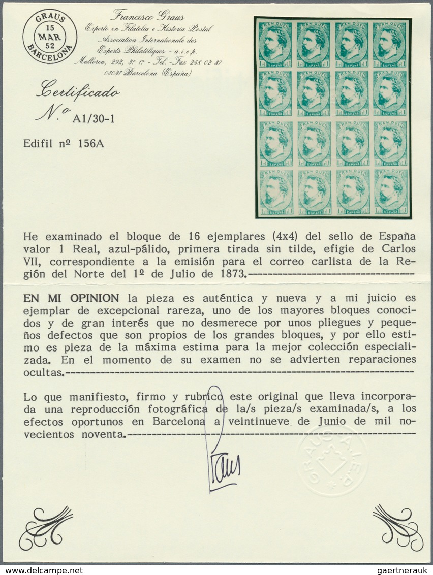 01655 Spanien: 1873, Carlist Posts 1 Real Pale Blue, First Printing Without Tilde, Block Of 16 (4x4), Larg - Oblitérés