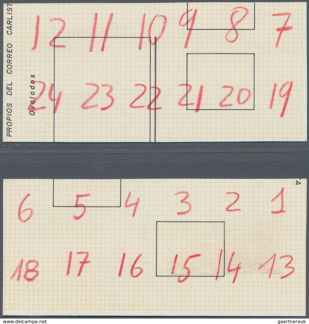 01657 Spanien: 1873, 1 Real Blue, Carlist Posts, Reconstruction Of The Reported Block Of 24 Types, By Pair - Oblitérés